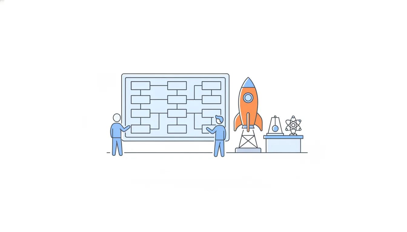 Two people work at a planning board of connected blank cards, next to an orange rocket on a launch pad and a desk with a pendulum and an atom model.