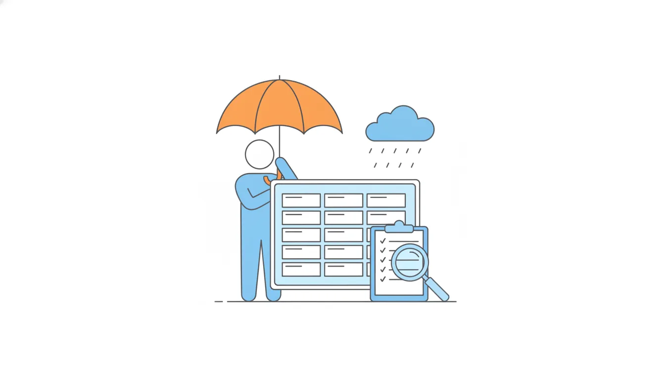 A person holds an orange umbrella over a planning board as a rain cloud approaches, next to a clipboard with ticked items and a magnifying glass.