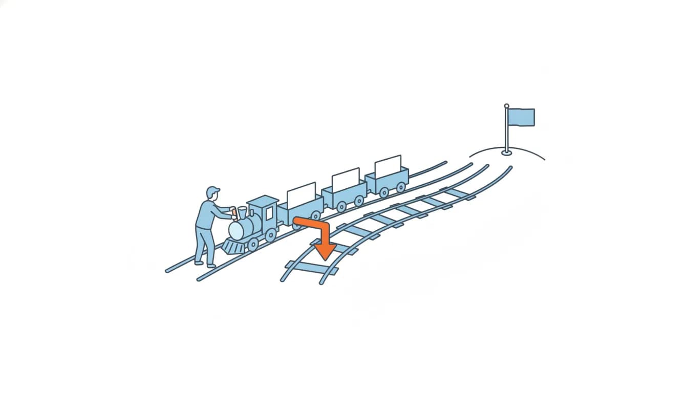 A person steers a toy train carrying blank cards onto a new track, marked by an orange arrow, that still leads to the same flag.