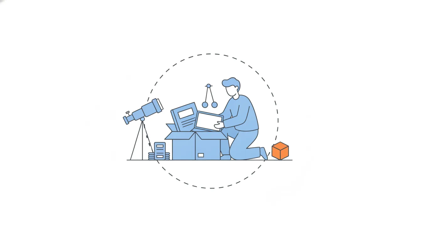 A person packs a book and a laptop into a box inside a dashed circle, while a telescope, a stack of cards and an orange cube stay at its edge.