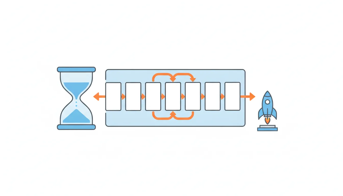A chain of blank cards linked by orange arrows runs from an hourglass to a small rocket on a launch pad.