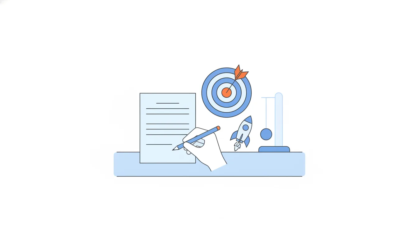 A hand writes on a single sheet of paper on a desk, next to a target with an orange dart in the bullseye, a small rocket and a pendulum.