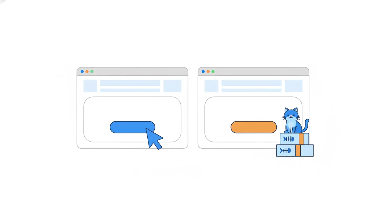 Two identical web pages, one with a blue button and one with an orange button, and a cursor.