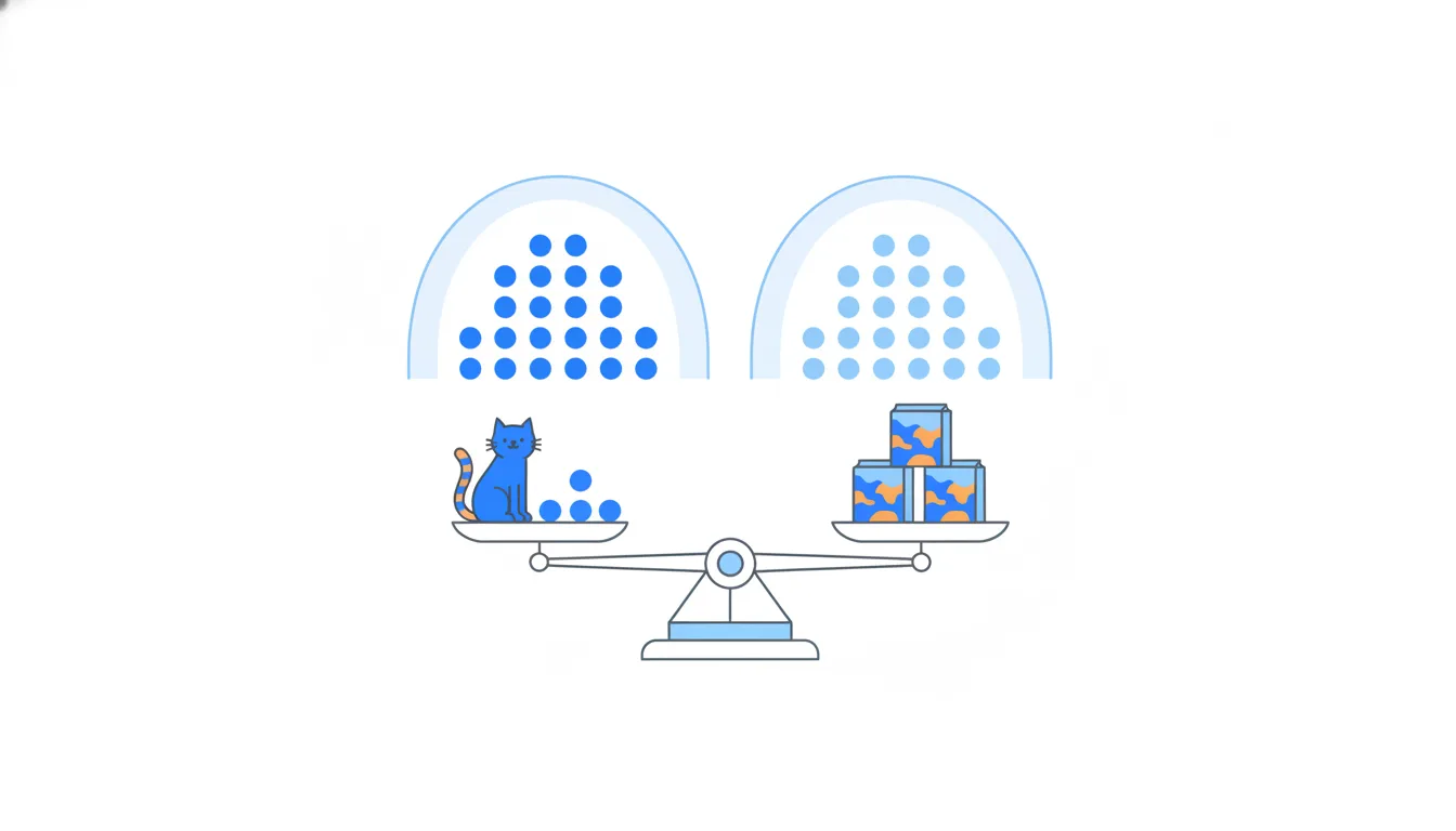 Two domes of dots, dark and light blue, balanced on a scale.