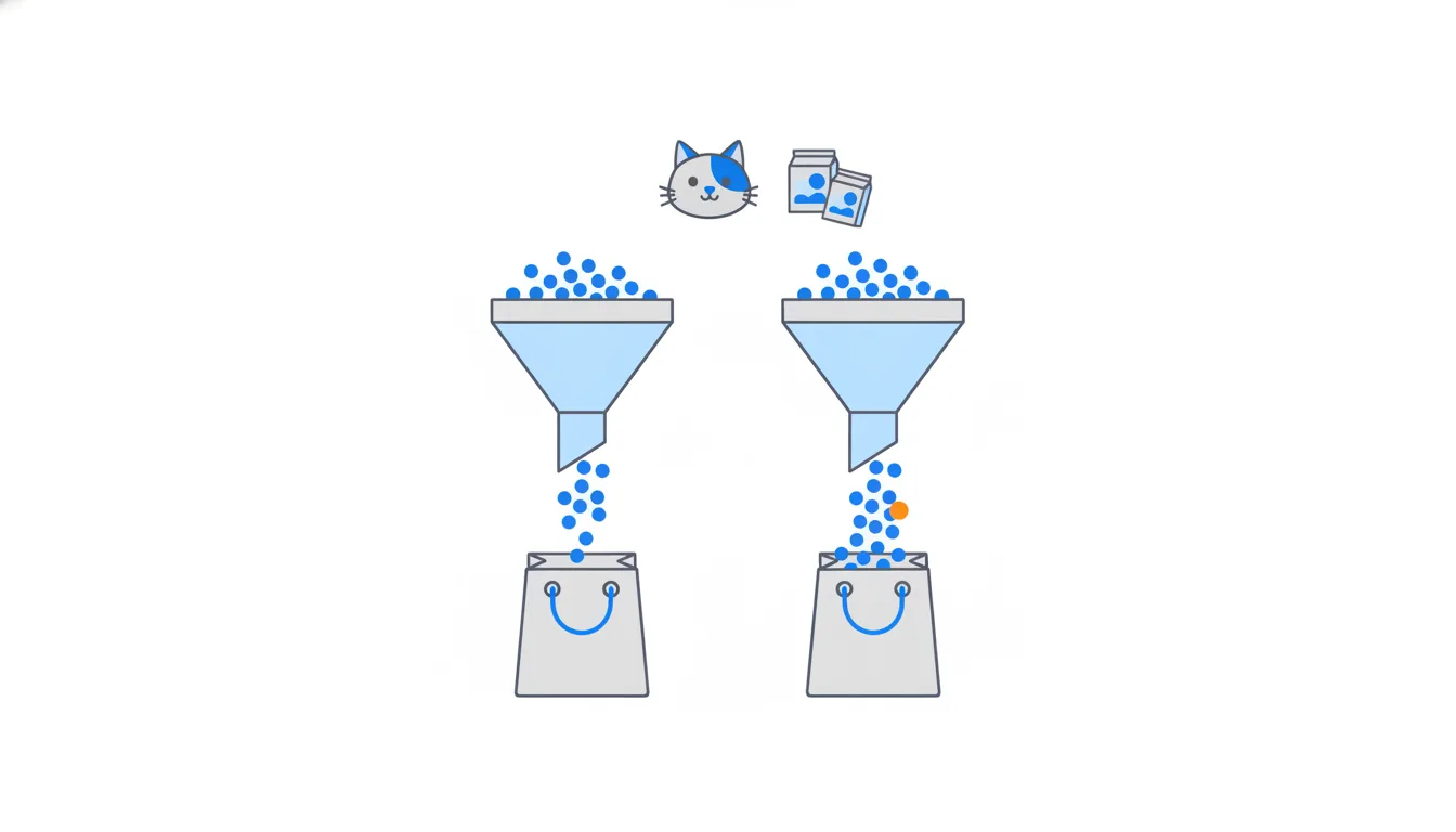Two funnels with dots falling through them into shopping bags.