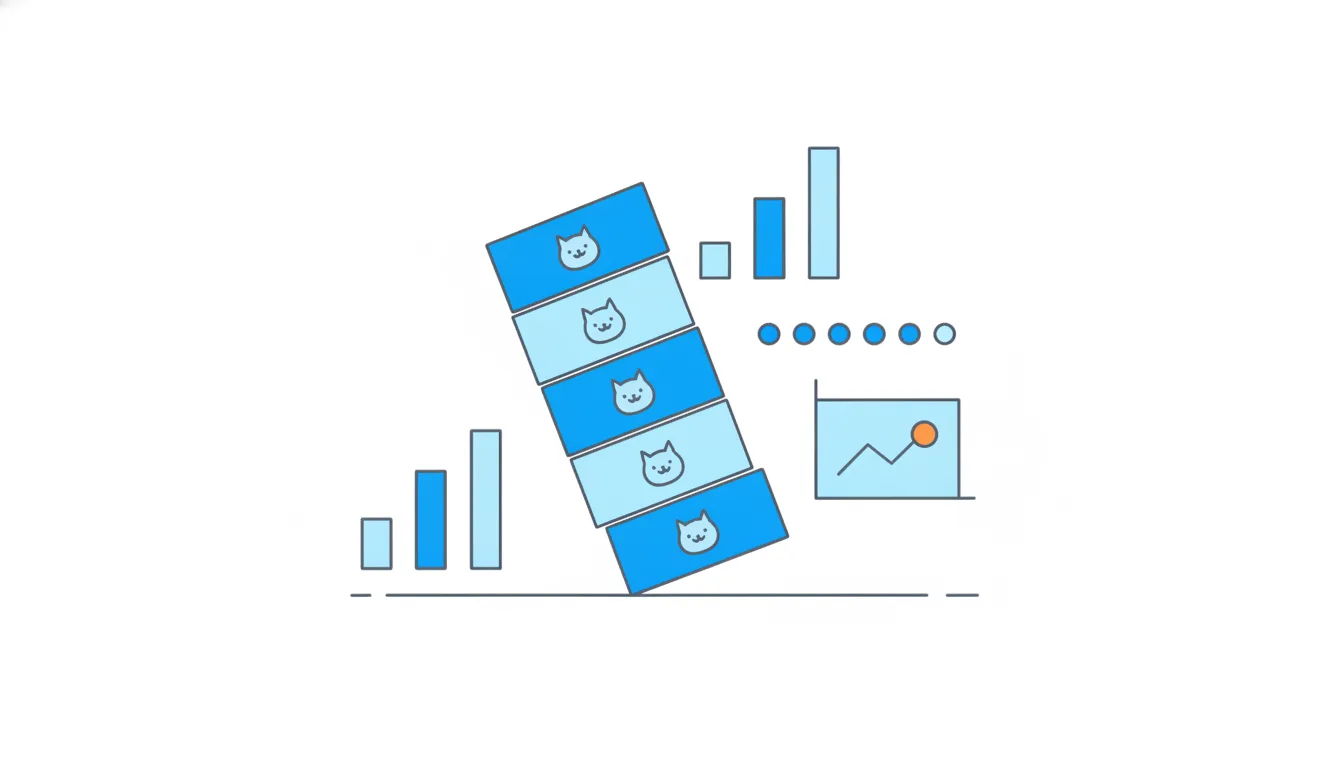 A stack of cat food boxes surrounded by bar charts, dots and a small line chart.