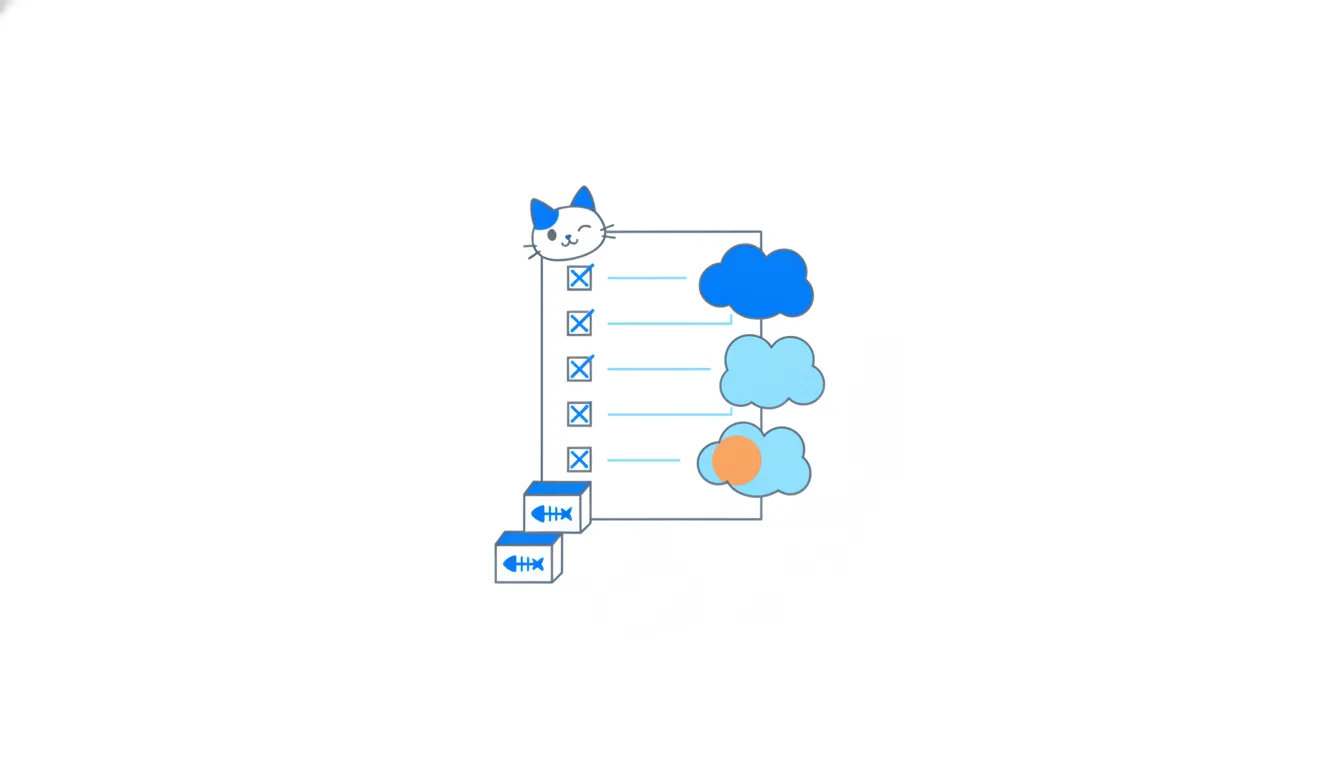 A survey checklist whose answers flow into three cloud-like bubbles.