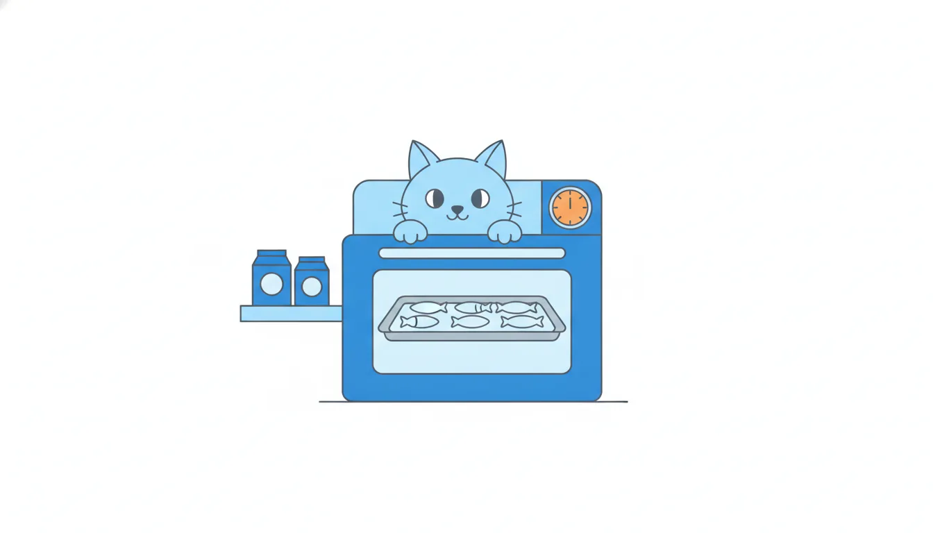 A cat opens an oven door to peek at a tray of fish-shaped treats that are still pale and half-baked, with the timer far from done.