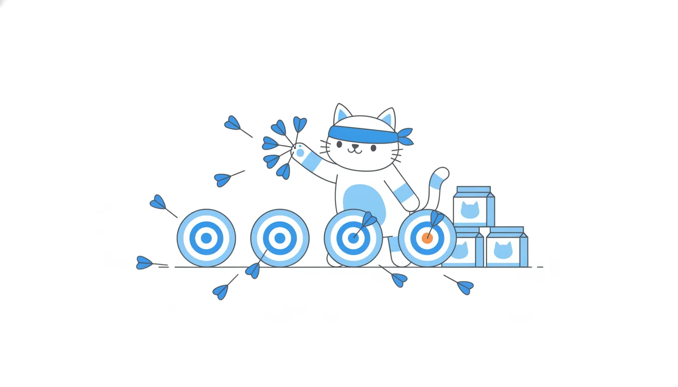 A blindfolded cat throws many darts at a row of five targets; most miss, but one lands right in an orange bullseye.