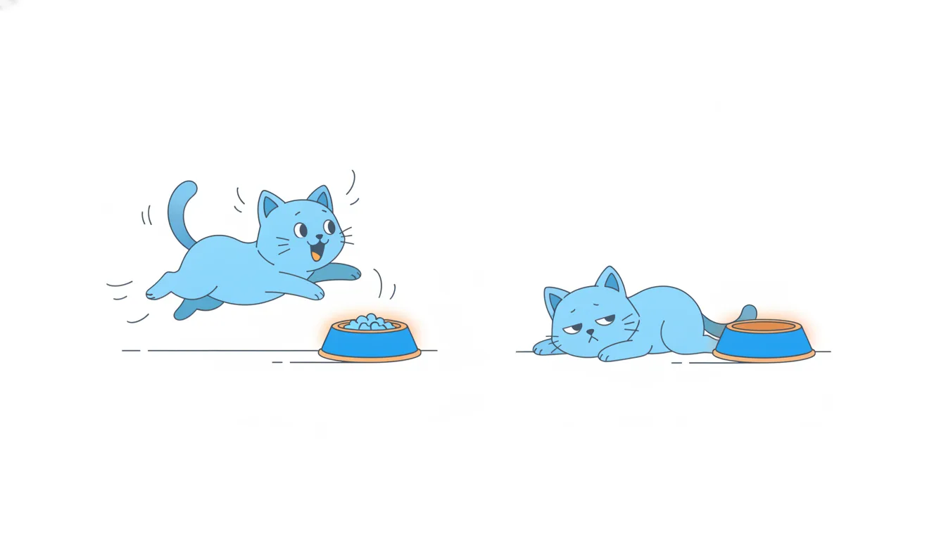 On the left, a cat leaps excitedly at a shiny new food bowl; on the right, the same cat lies bored next to the very same bowl.