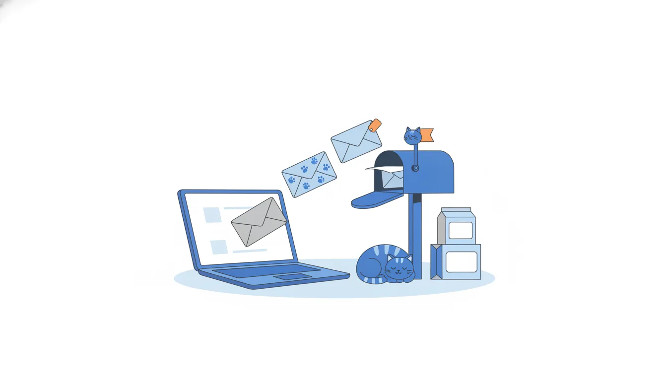 Three envelopes fly from a laptop to a cat's mailbox: a plain one, one covered in paw prints and one with an orange tag on it.