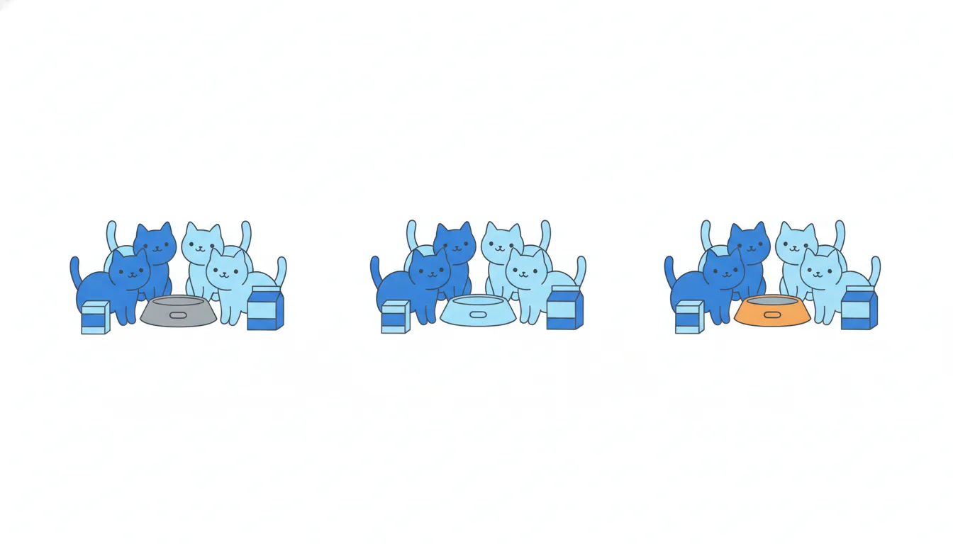 Three small groups of cats, each huddled closely around its own food bowl, with wide empty spaces between the groups.