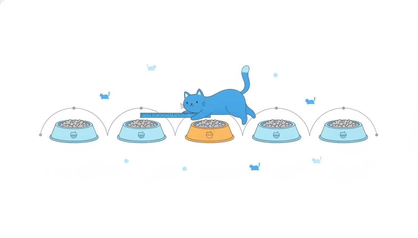 A cat uses one measuring stick to compare three food bowls pair by pair, with arcs linking every pair of bowls.