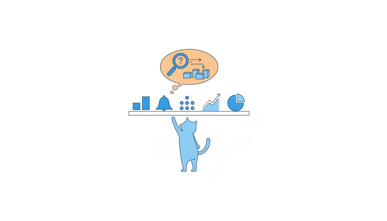 A cat at a shelf of five simple chart shapes (bars, a hump, dots, a line, a pie) reaches for one, with a thought bubble showing a magnifying glass.