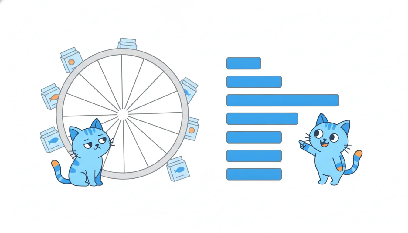A confused cat squints at a pie with many thin, similar slices, while another cat happily points to a neat row of bars sorted by length.