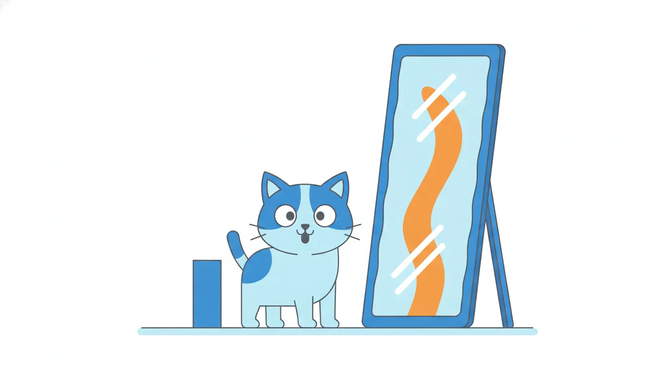 A surprised cat looks into a funhouse mirror where a short blue bar beside it appears as a towering orange one.
