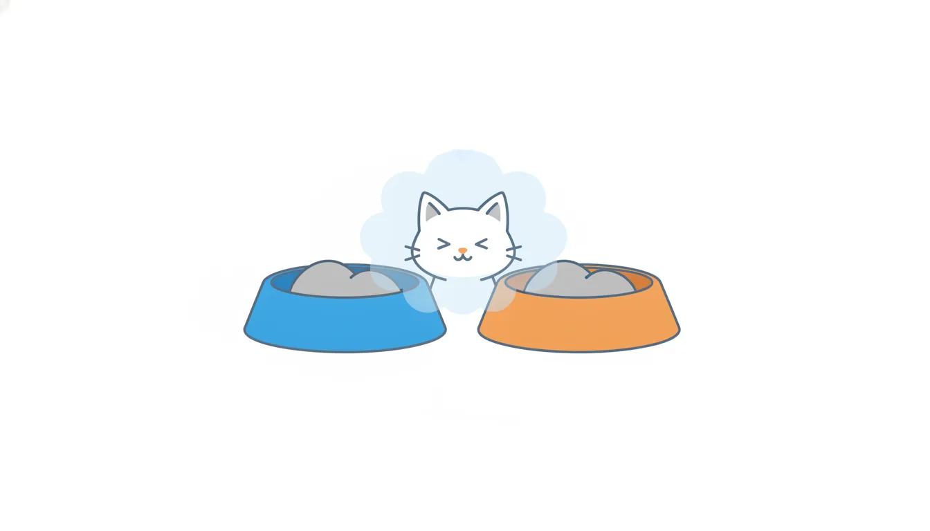 A cat squints through a light haze at two almost identical food bowls, one blue and one orange; the orange bowl is only slightly fuller.