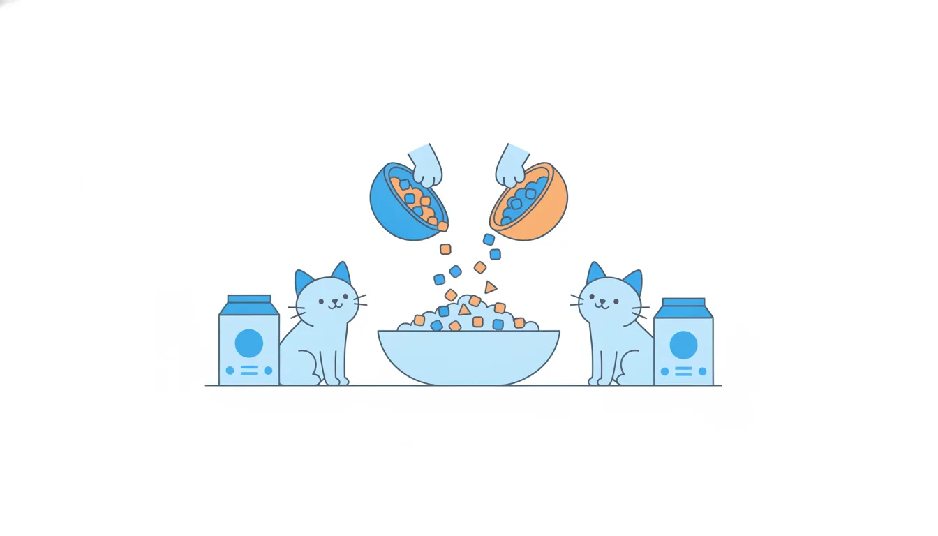 Cat paws tip a blue bowl and an orange bowl so their kibble pours together into one large shared bowl in the middle.