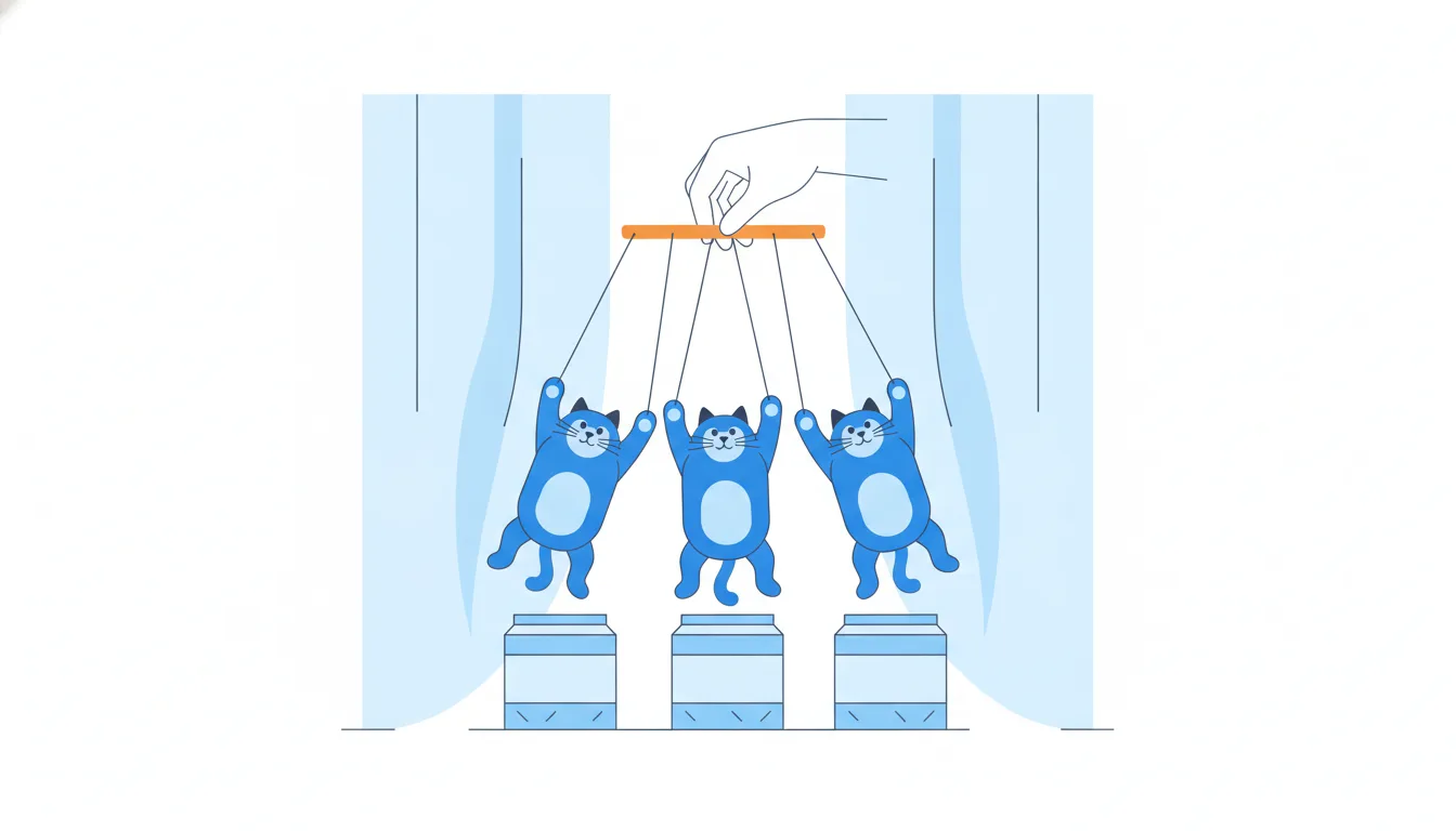 A hidden hand behind a curtain moves one control bar, and three cat puppets on its strings raise their paws together.
