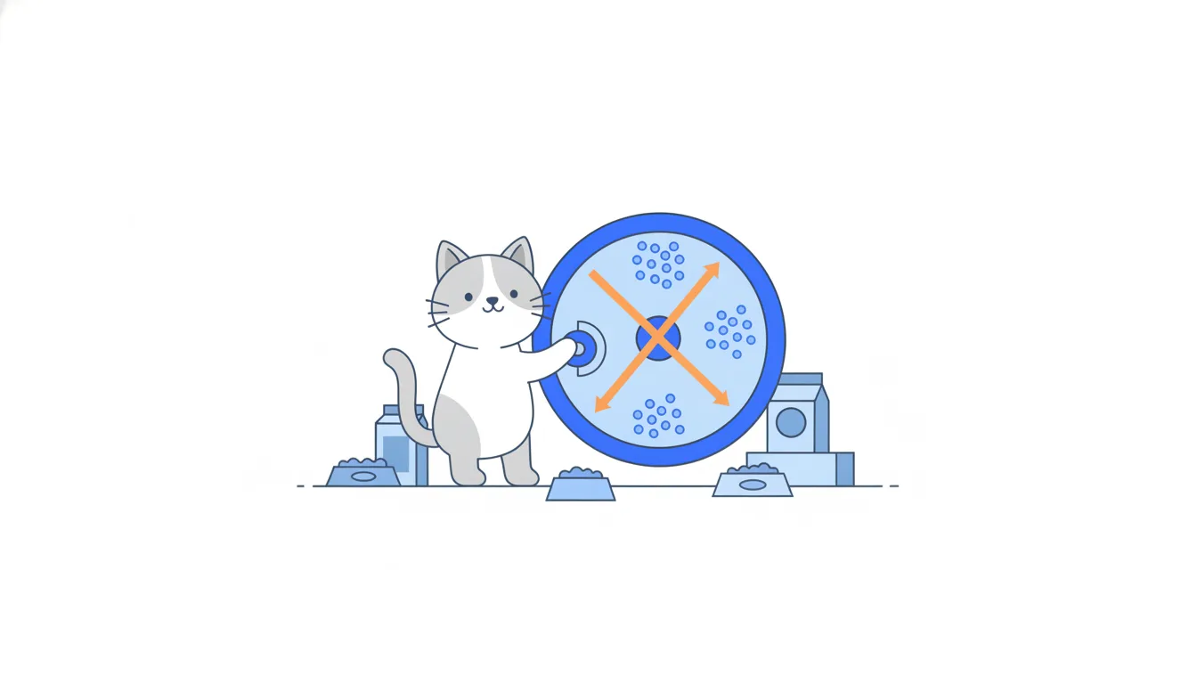 A cat turns a dial on a crosshair viewer so its two orange axes swing round to line up with two clumps of dots.