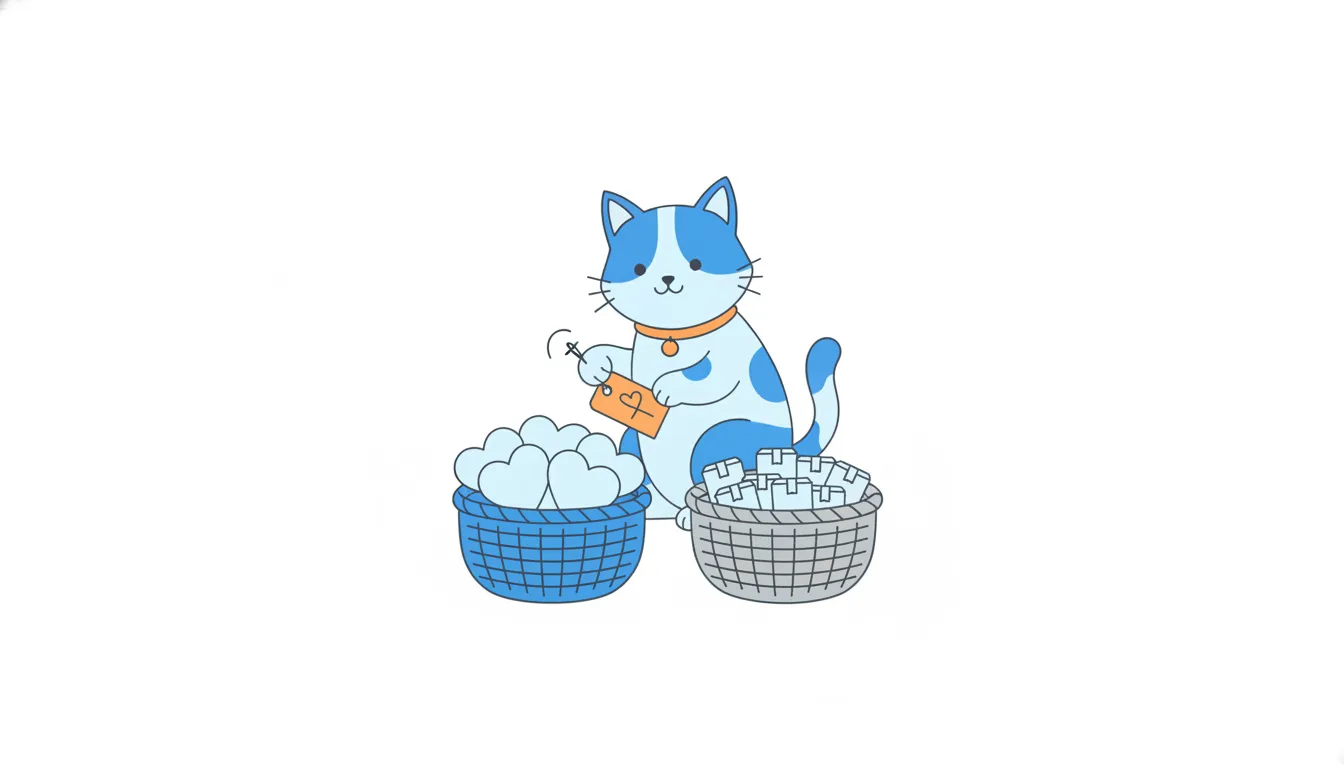 A cat pins a blank orange tag onto one of two baskets of sorted survey cards, one with heart cards, one with delivery-box cards.