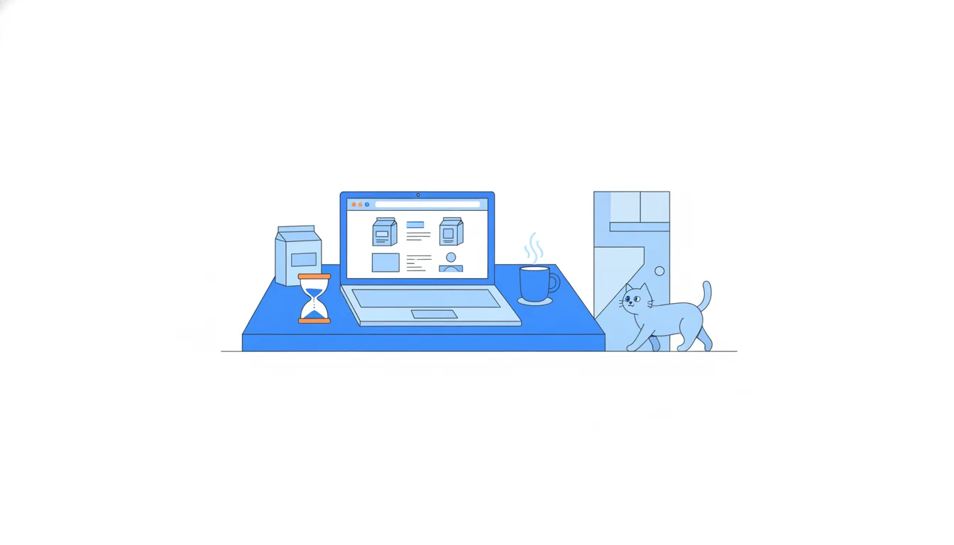 A laptop is left open on a cat-food product page beside a steaming mug while a cat walks away; an hourglass on the desk keeps running.