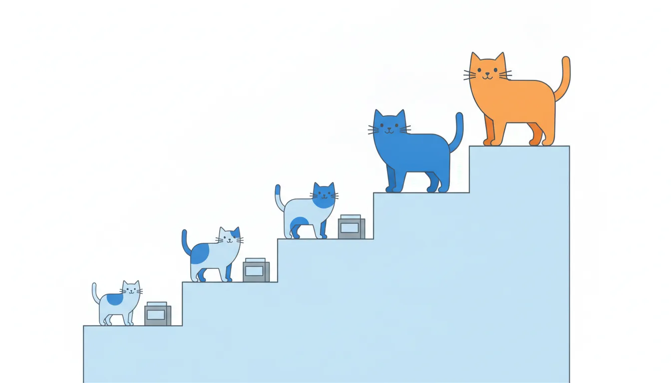 Cats stand on evenly spaced steps sorted by size; a giant cat on the top step is only one step above the next cat despite being much bigger.