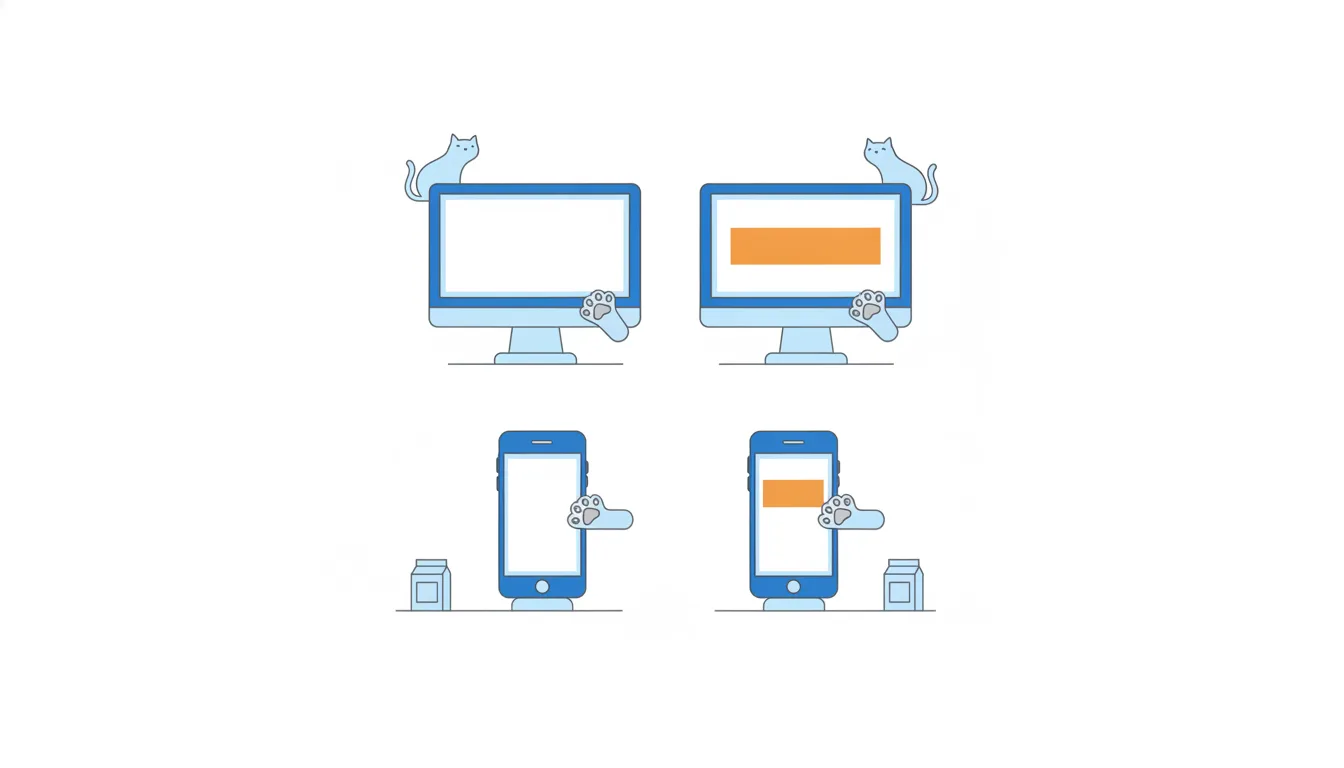 A two-by-two grid: a desktop monitor and a phone, each shown once with a plain screen and once with an orange banner on screen.