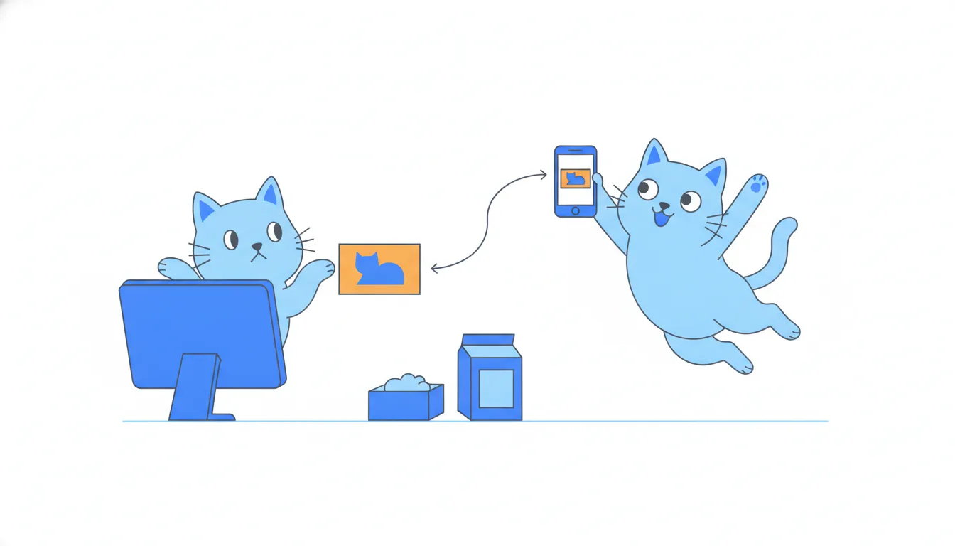 The same orange banner on two screens: a cat at a desktop computer barely reacts, while a cat holding a phone jumps with joy.