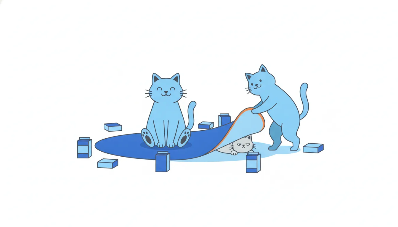 A smiling cat sits on a wide rug while another cat lifts a corner and finds a smaller, unimpressed cat hidden underneath.