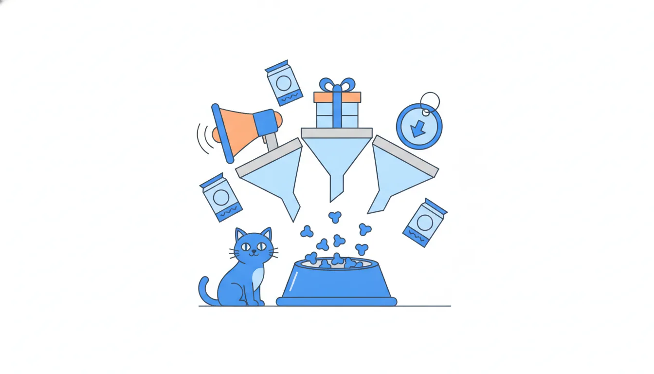 Three funnels, topped by a megaphone, a gift box and a price tag, pour into one large cat-food bowl while a cat watches.