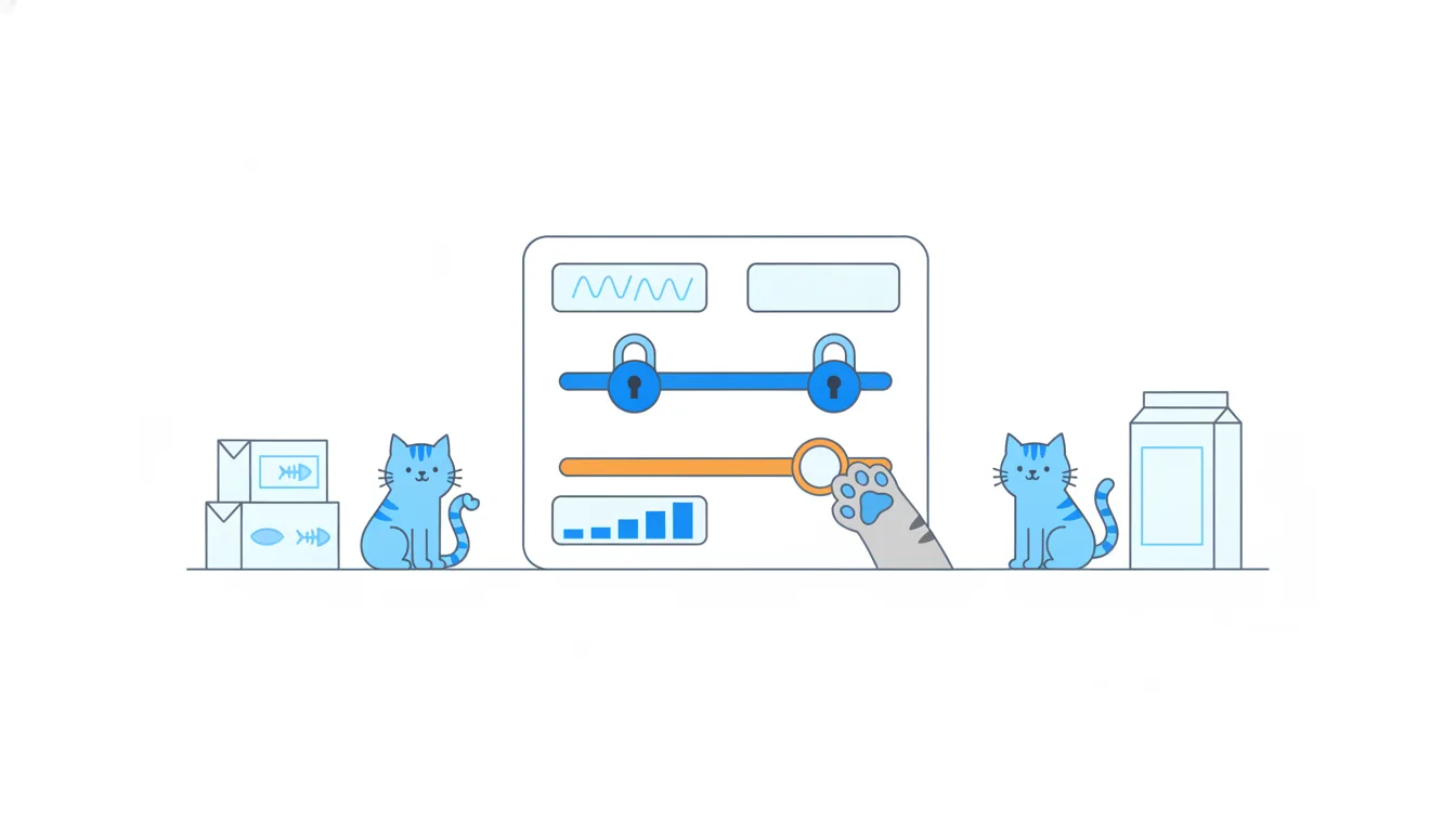 A control panel with three sliders: two are locked with padlocks and a cat paw moves only the third, orange one.