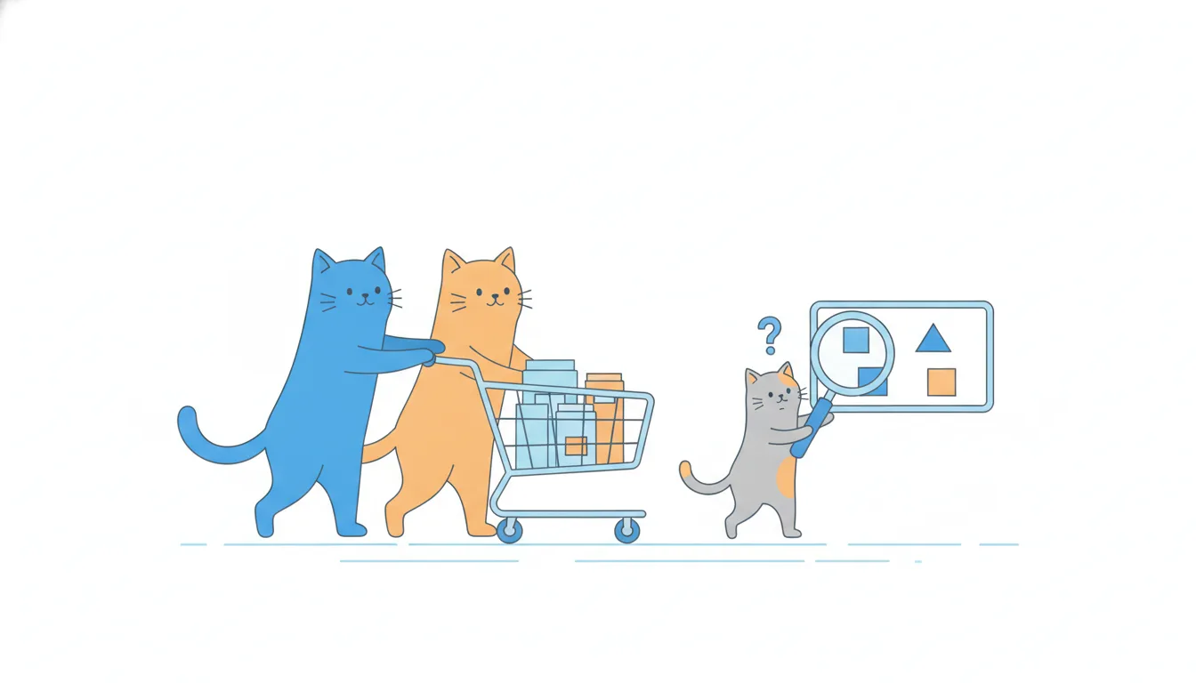 Two cats push one shopping cart side by side while a third cat with a magnifying glass tries to work out who pushed harder.