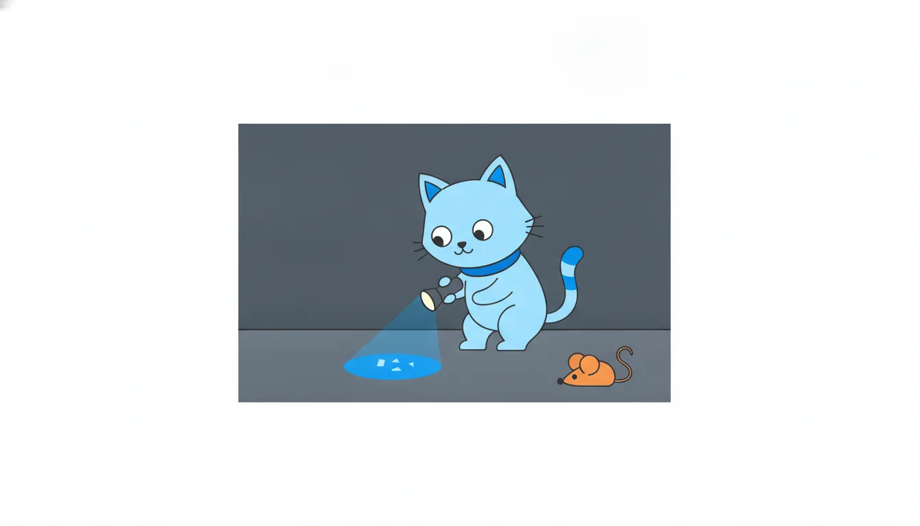 A cat searches a dark room with a narrow flashlight beam while a toy mouse sits just outside the lit circle.