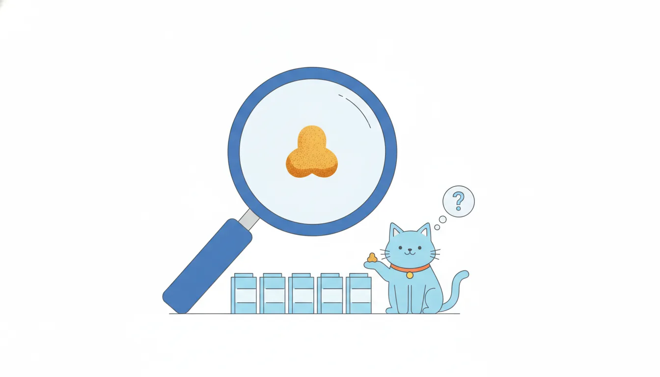 A huge magnifying glass makes a tiny kibble crumb look enormous, while a cat holds the real crumb on its paw and shrugs.