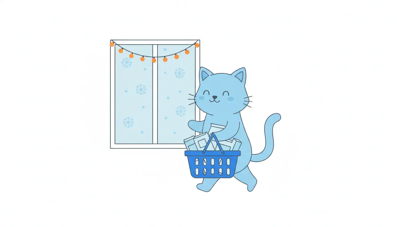 A cat carries a full shopping basket past a window with falling snow and a string of festive orange lights.