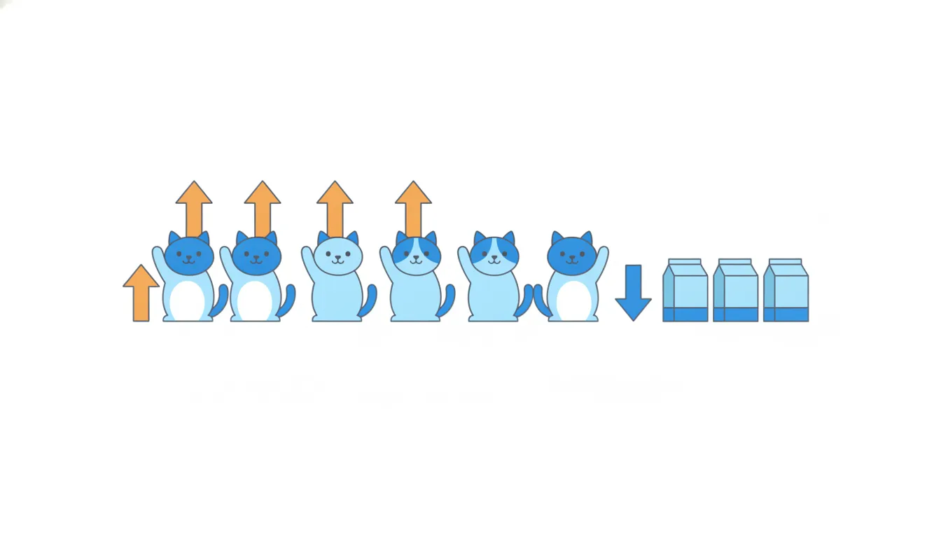 A row of small cats: most raise a paw next to an orange up arrow, one next to a blue down arrow; all the arrows are the same size.