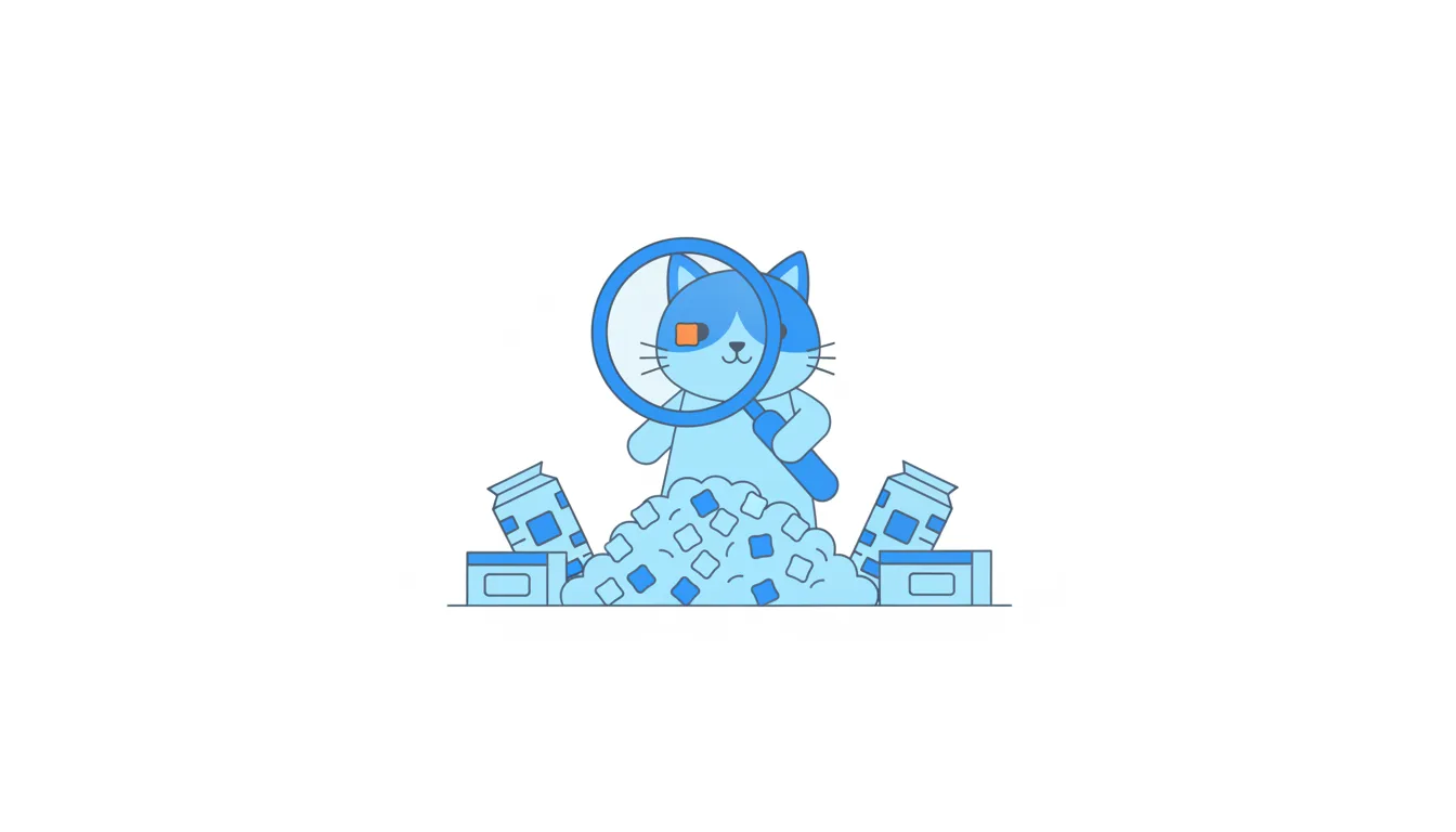 A cat holds a huge magnifying glass over a heap of blue kibble, and only through the lens can a tiny orange piece be seen.