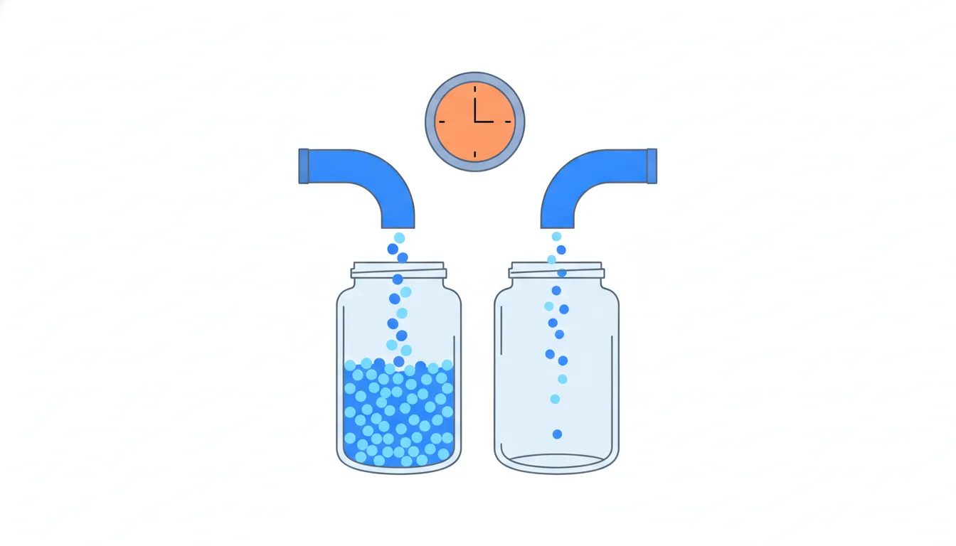 Two identical jars fill under one clock: a thick stream of kibble fills one high, while a thin trickle leaves the other nearly empty.