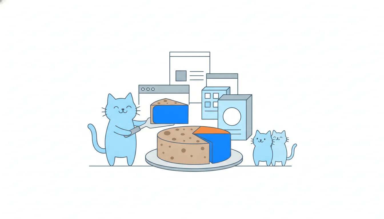 A round cake cut into three slices, one large, one medium and one thin, while a cat gets ready to carry the large slice away.