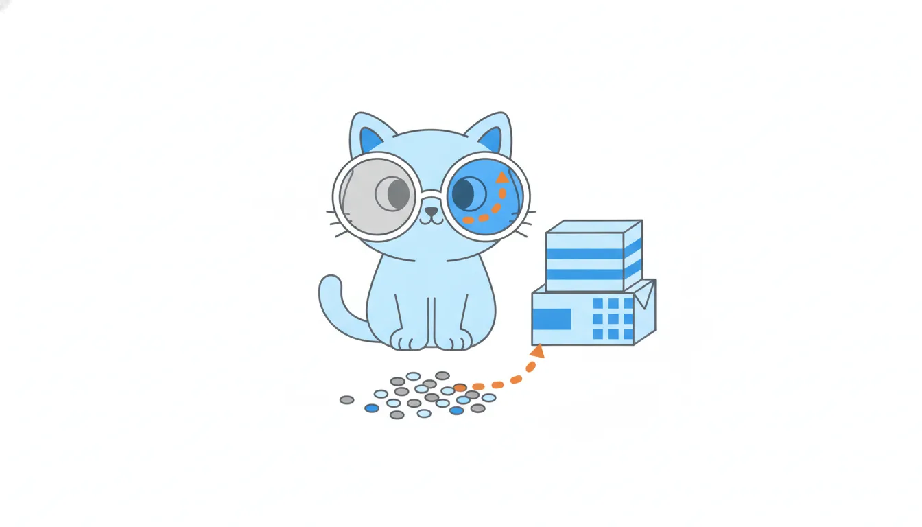 A cat looks at the same kibble through two lenses: through the foggy one nothing stands out, through the clear one an orange upward trail is plain.