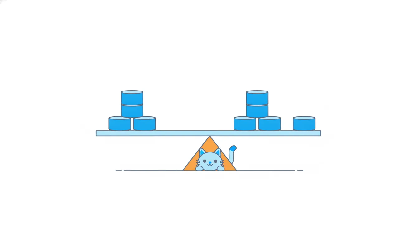 A plank on an orange fulcrum holds cat-food cans at different distances on both sides and stays perfectly level, with a cat watching from below.