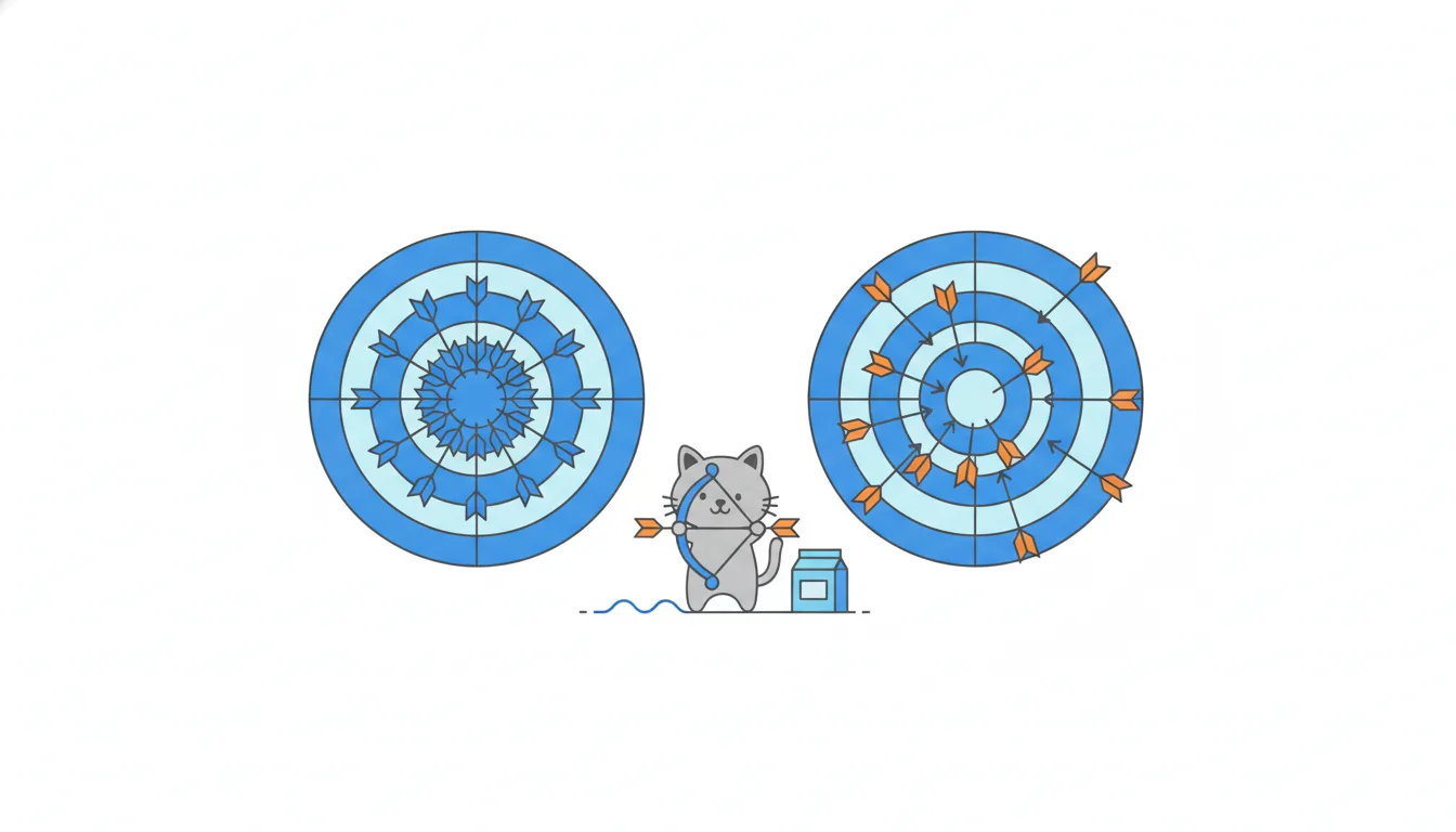 Two targets: on one, arrows cluster tightly around the centre; on the other, arrows are scattered widely. A cat with a bow stands between them.