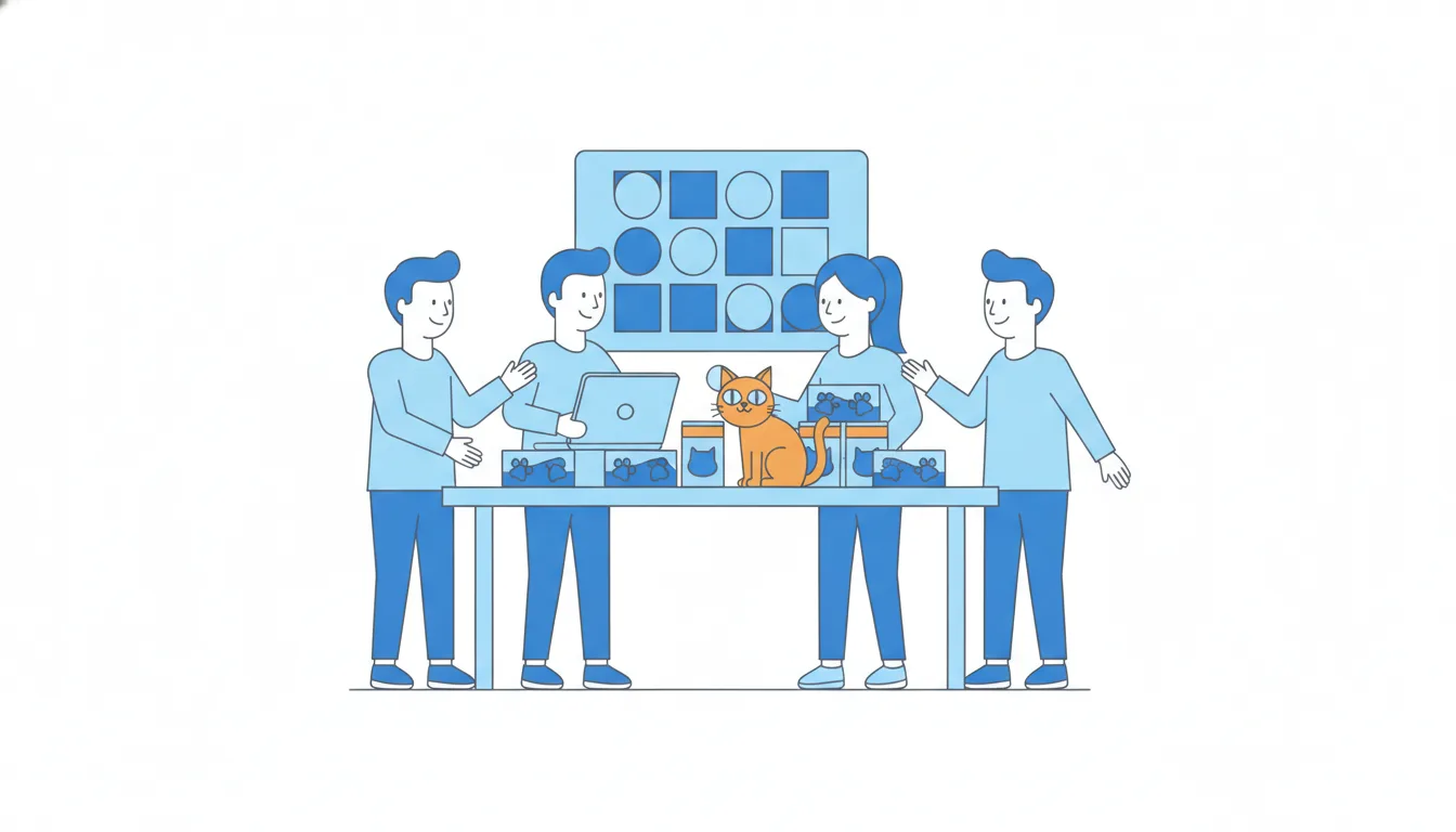 A newcomer with a laptop is welcomed by three smiling teammates at a table with cat-food boxes, while an orange office cat watches from the table.