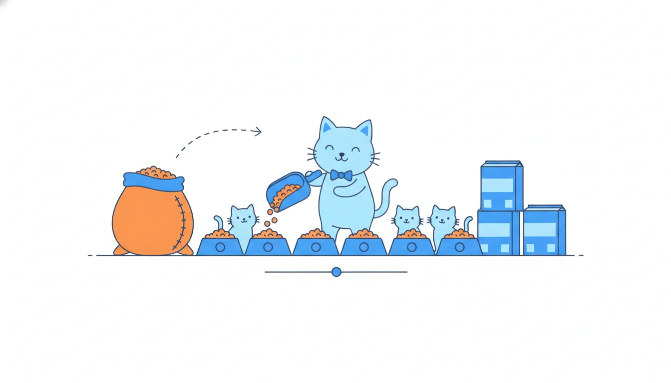 A cat with a scoop shares one heap of kibble evenly across a row of identical blue bowls, all filled to the same level; a large orange sack feeds the heap.