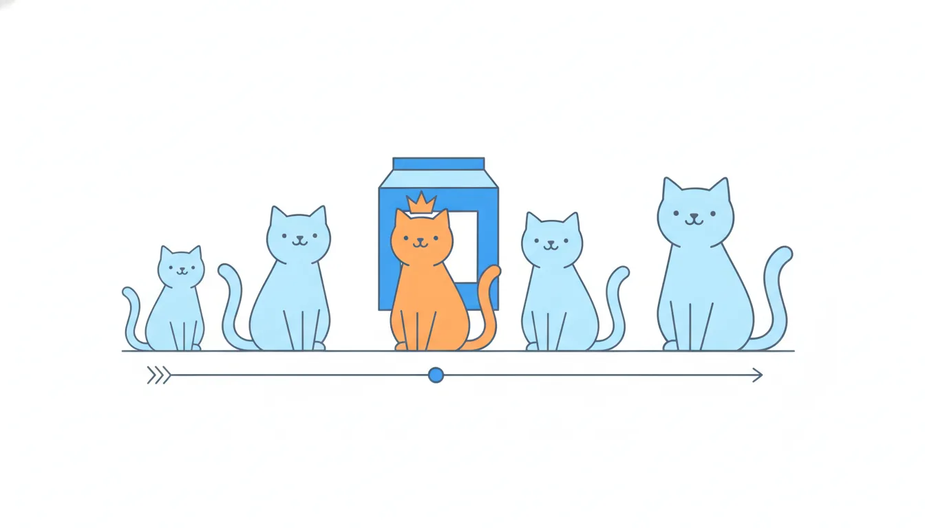 Cats stand in a line sorted from the smallest kitten to the largest cat; the one in the exact middle of the line is highlighted in orange.