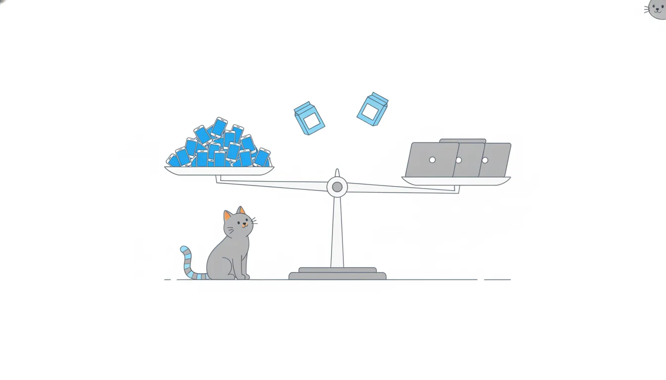 A balance scale holds a big pile of smartphones on one pan and a few laptops on the other; it tips toward the phones while a small cat looks on.
