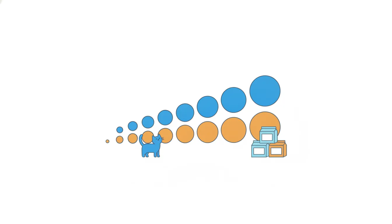 Two rows of blue and orange circles lined up from smallest to largest.