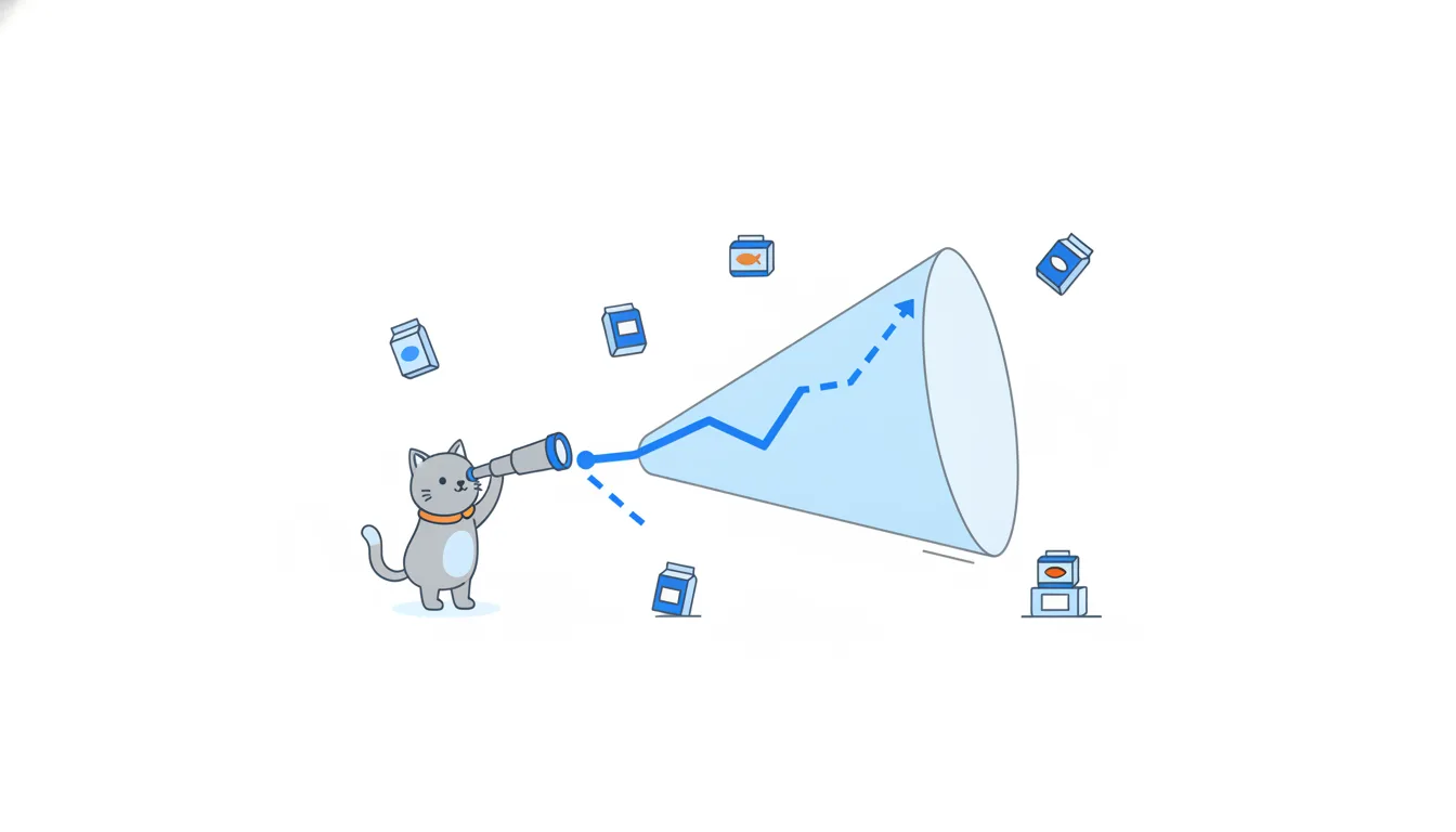 A cat with a telescope looks at a line that turns dashed inside a widening cone.