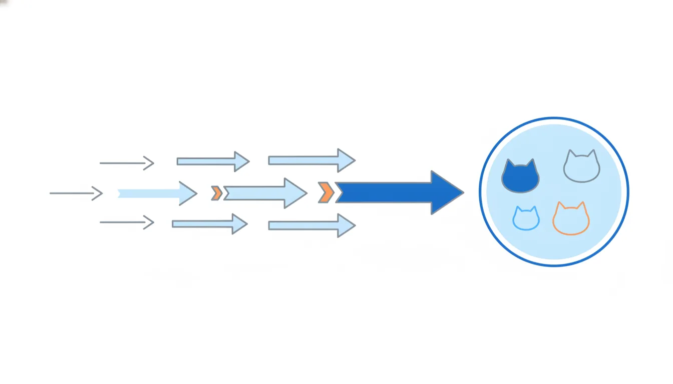 Several arrows of different thickness flowing into one circle.